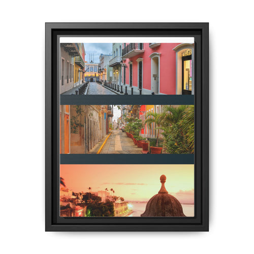 Puerto Rico - Caribbean CityScape- Matte Framed Canvas - Colorful Street Triptych Wall Art