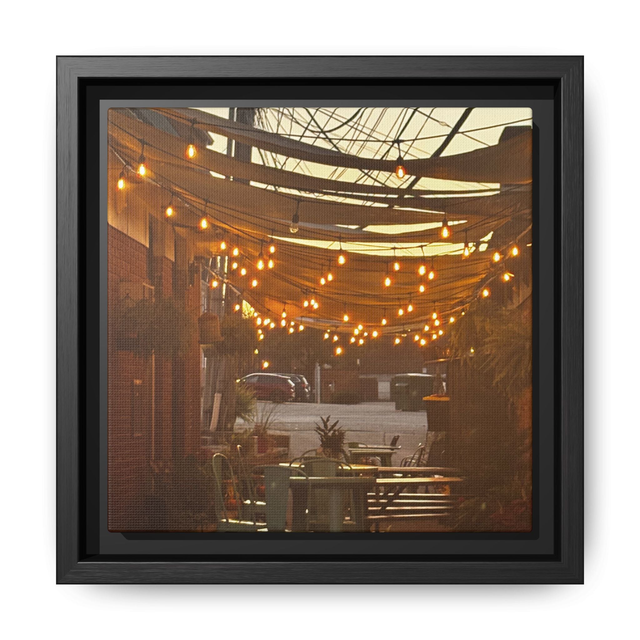 Cozy Alleyway String Lights — Framed Matte Canvas Print