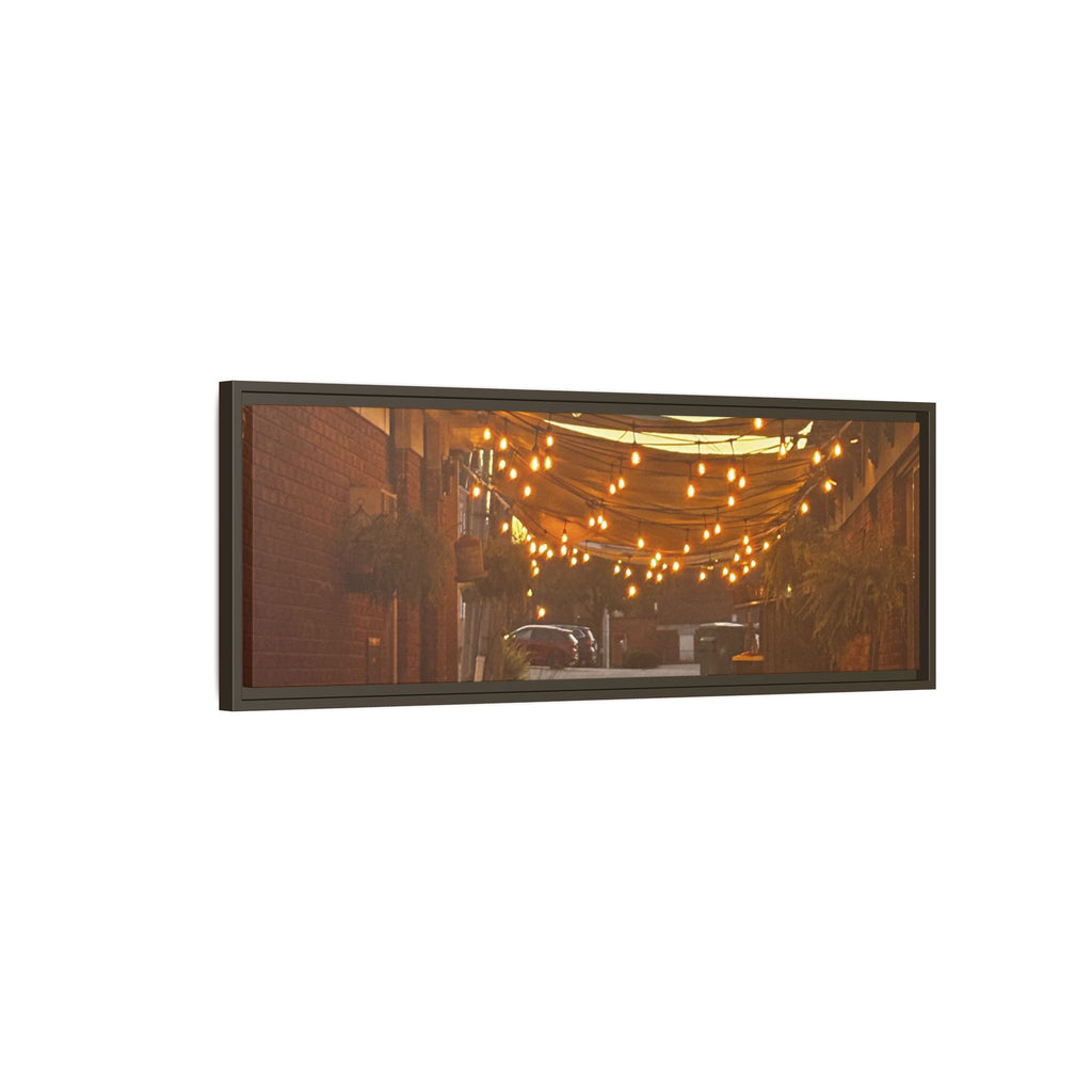 Cozy Alleyway String Lights — Framed Matte Canvas Print