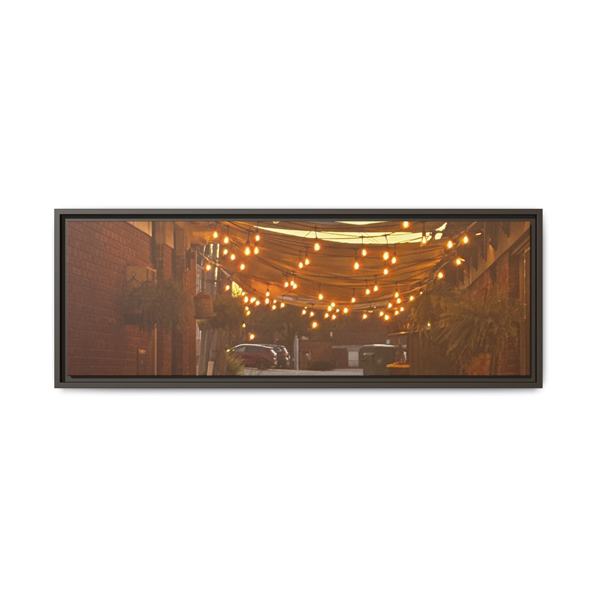Cozy Alleyway String Lights — Framed Matte Canvas Print