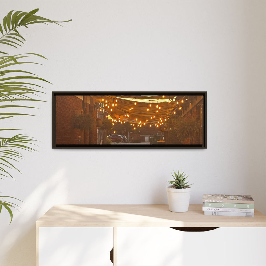 Cozy Alleyway String Lights — Framed Matte Canvas Print