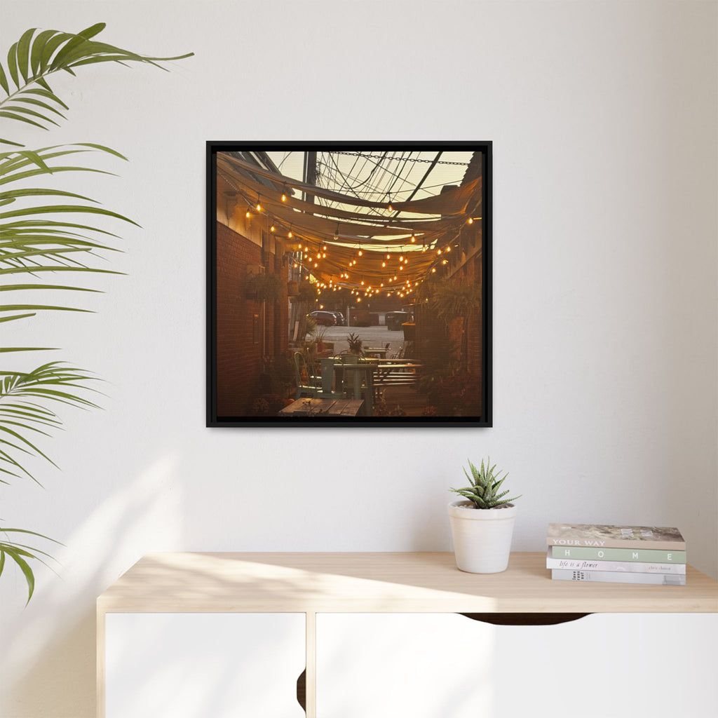 Cozy Alleyway String Lights — Framed Matte Canvas Print