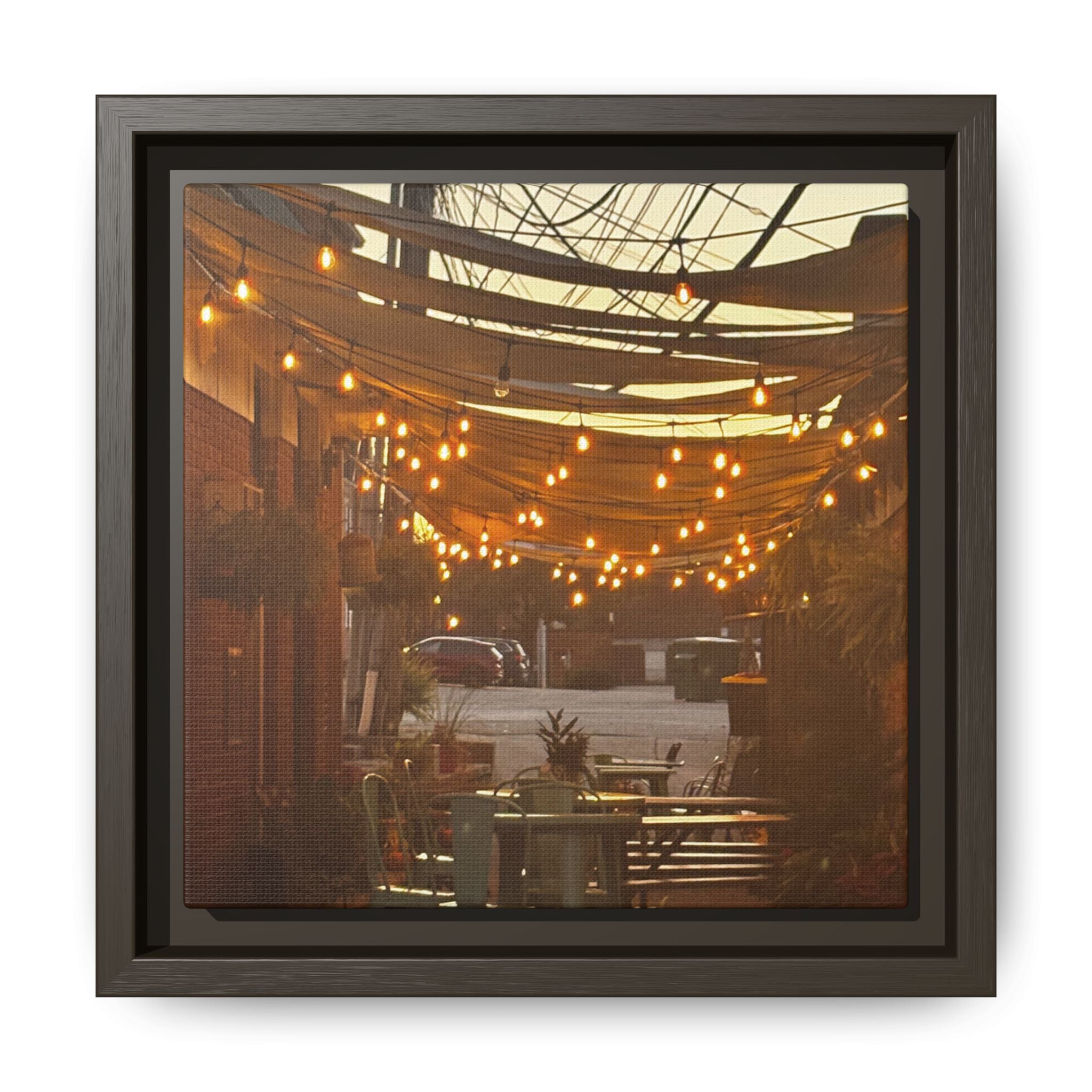 Cozy Alleyway String Lights — Framed Matte Canvas Print