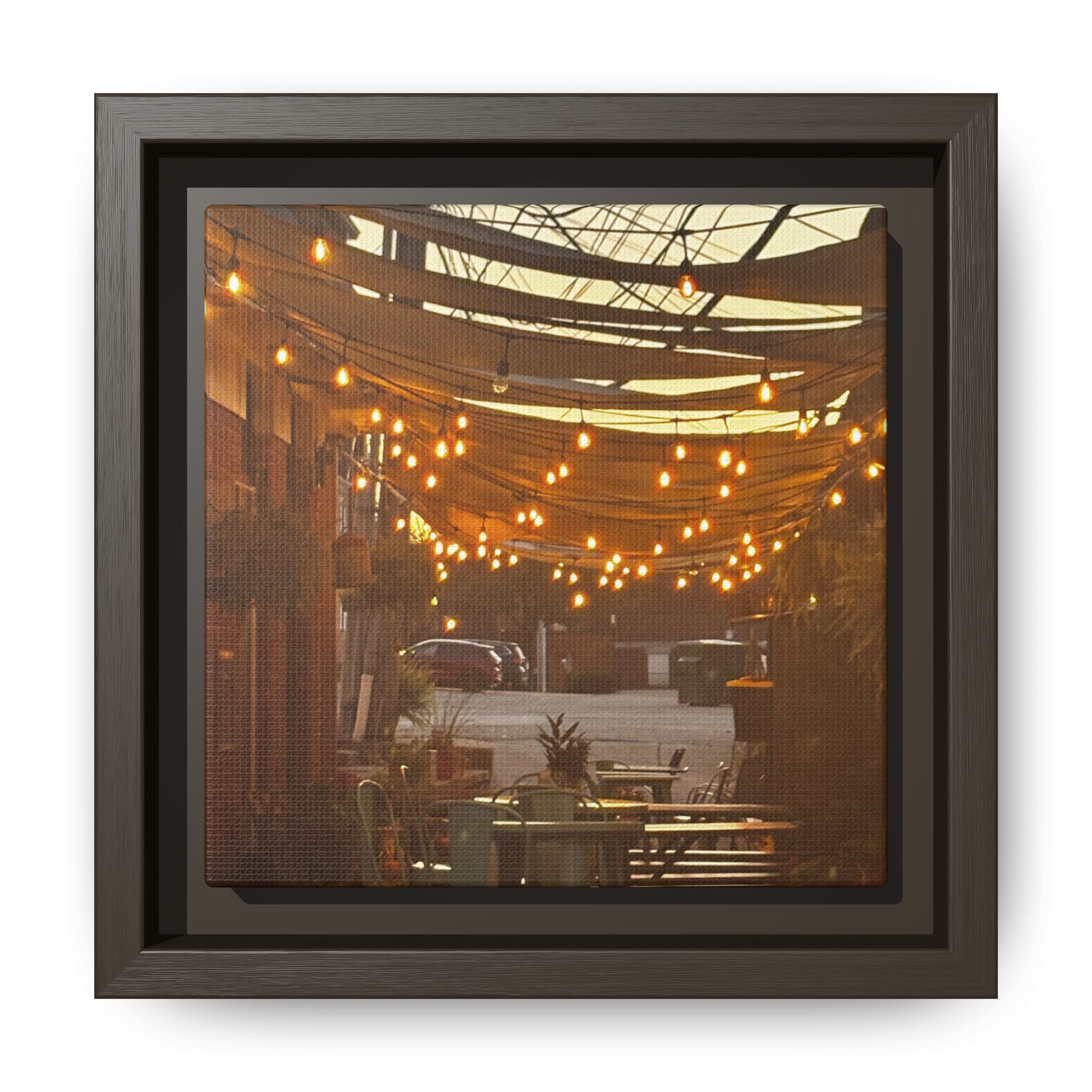 Cozy Alleyway String Lights — Framed Matte Canvas Print