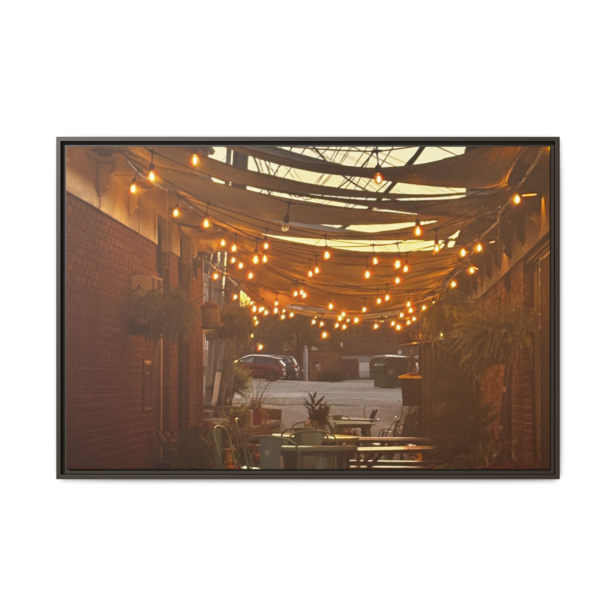 Cozy Alleyway String Lights — Framed Matte Canvas Print