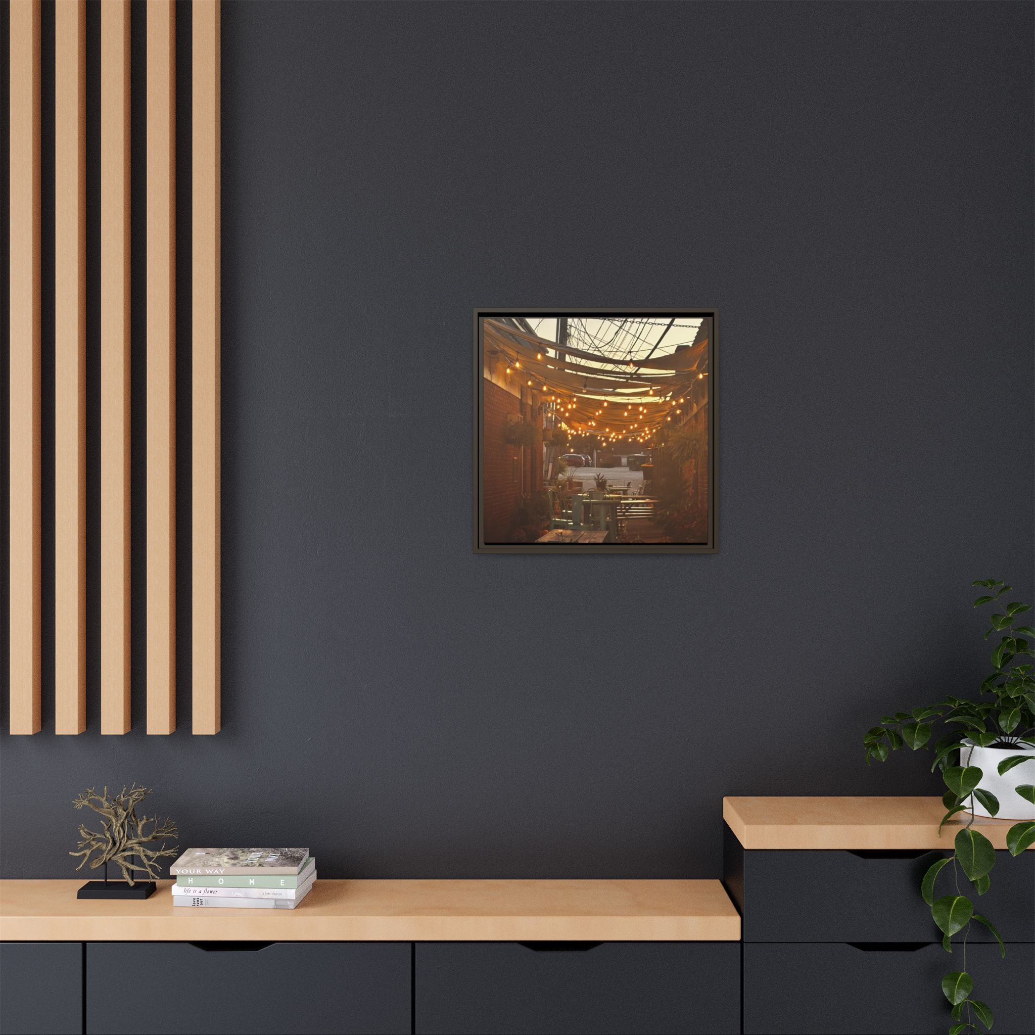 Cozy Alleyway String Lights — Framed Matte Canvas Print