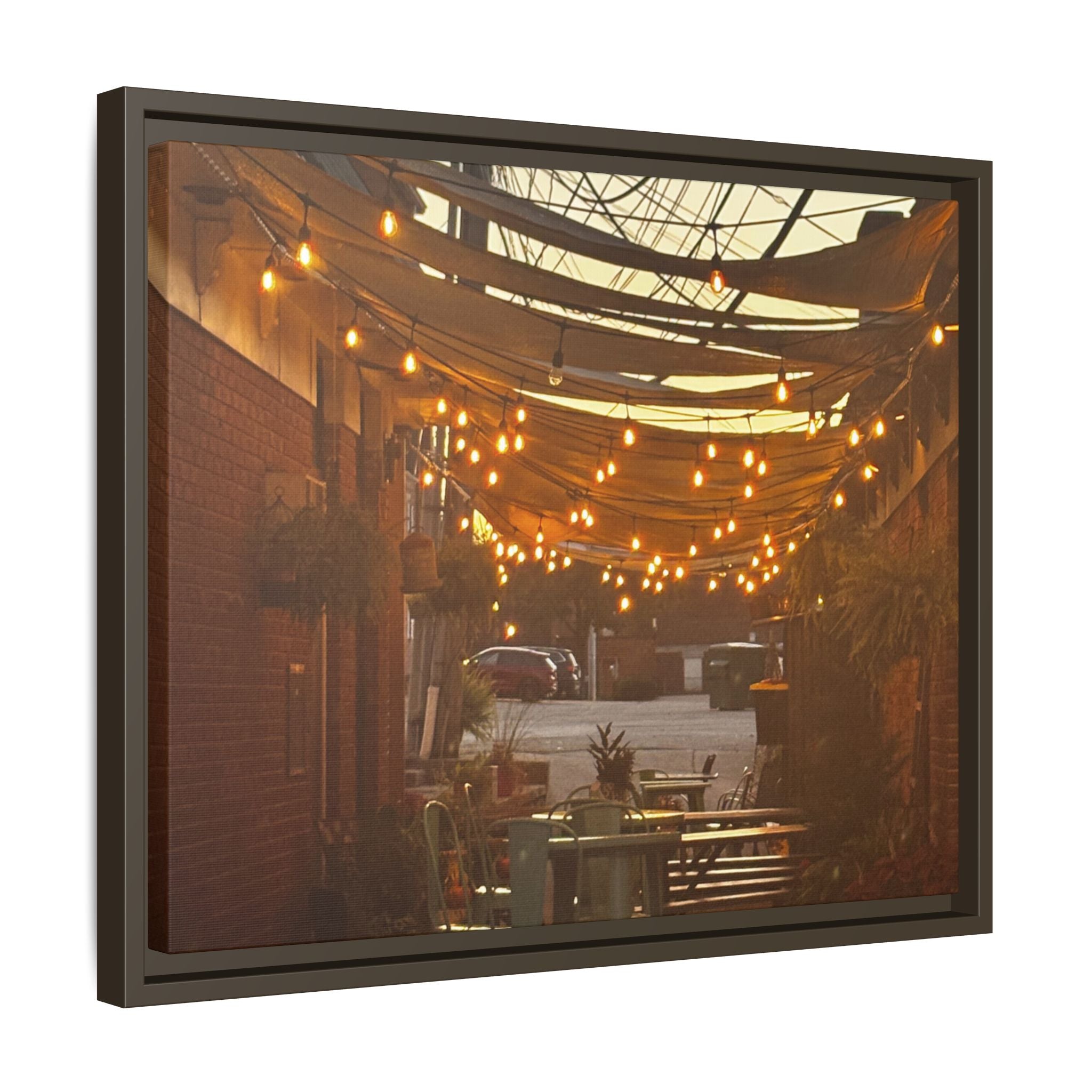 Cozy Alleyway String Lights — Framed Matte Canvas Print