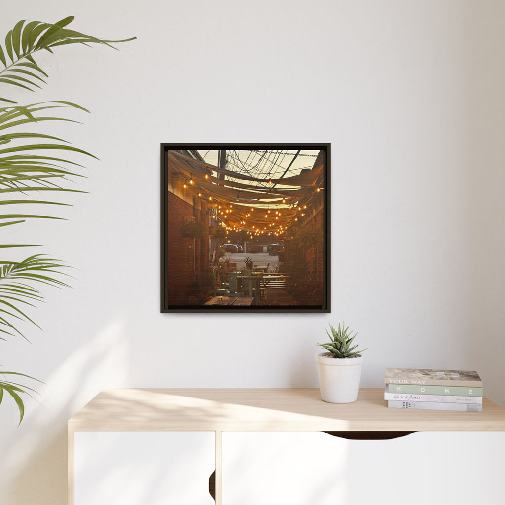 Cozy Alleyway String Lights — Framed Matte Canvas Print
