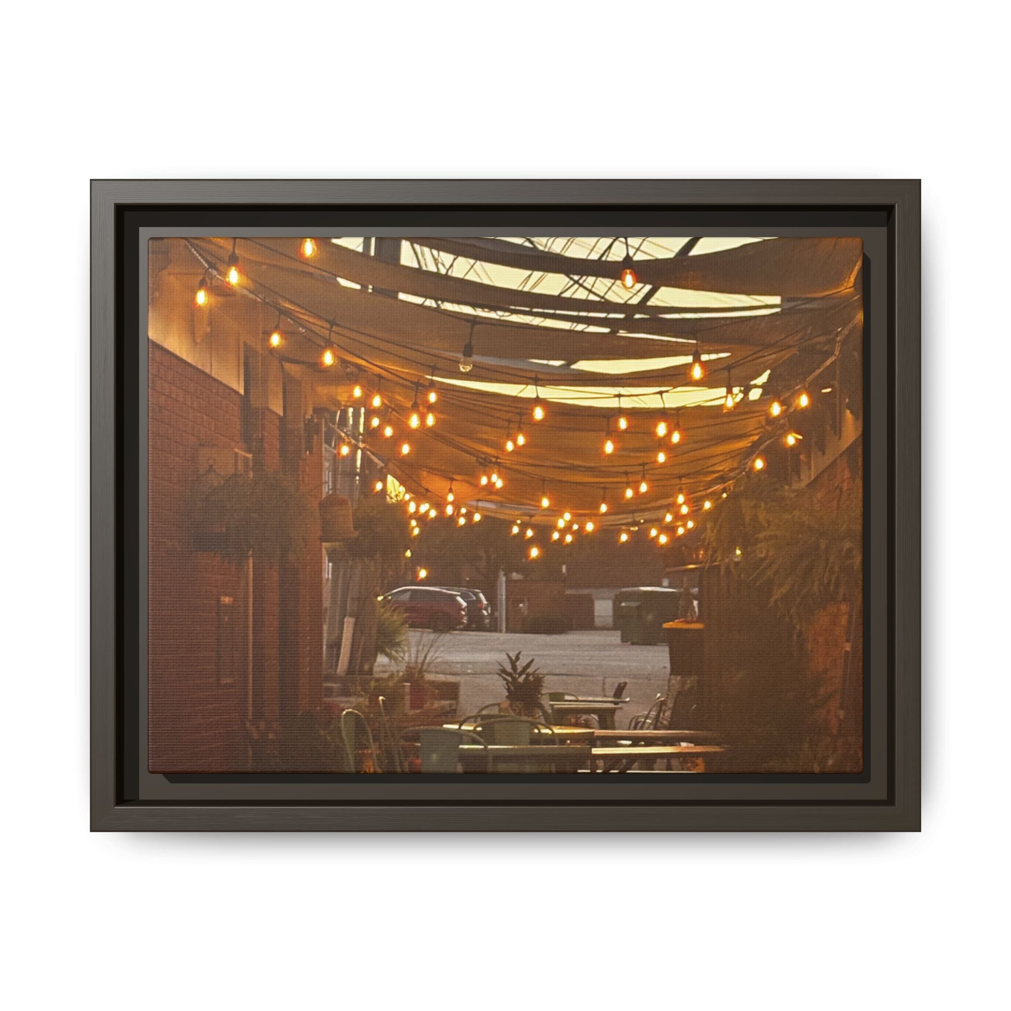 Cozy Alleyway String Lights — Framed Matte Canvas Print