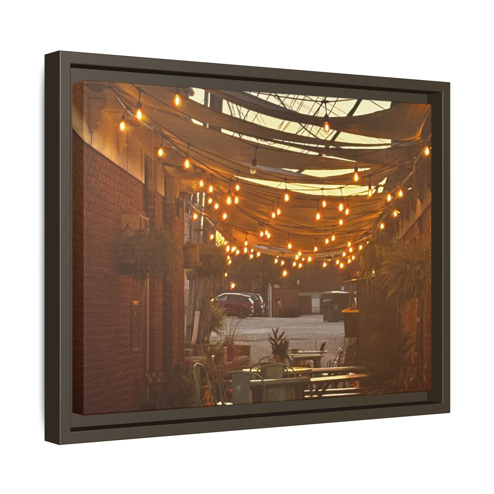 Cozy Alleyway String Lights — Framed Matte Canvas Print