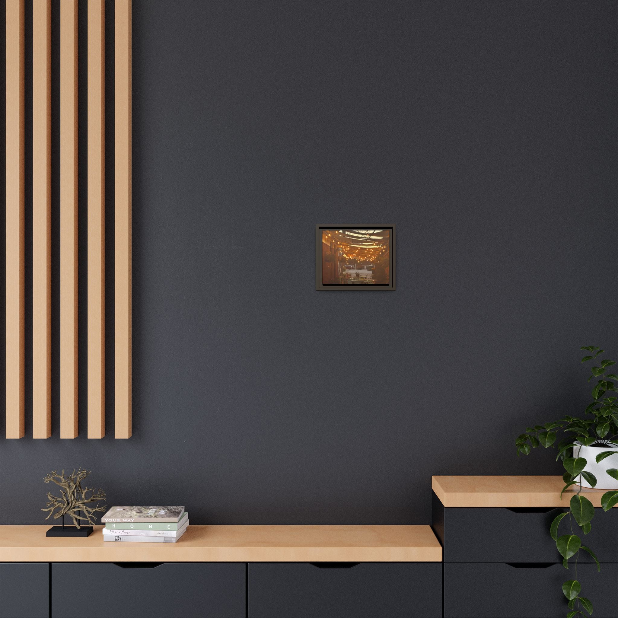 Cozy Alleyway String Lights — Framed Matte Canvas Print