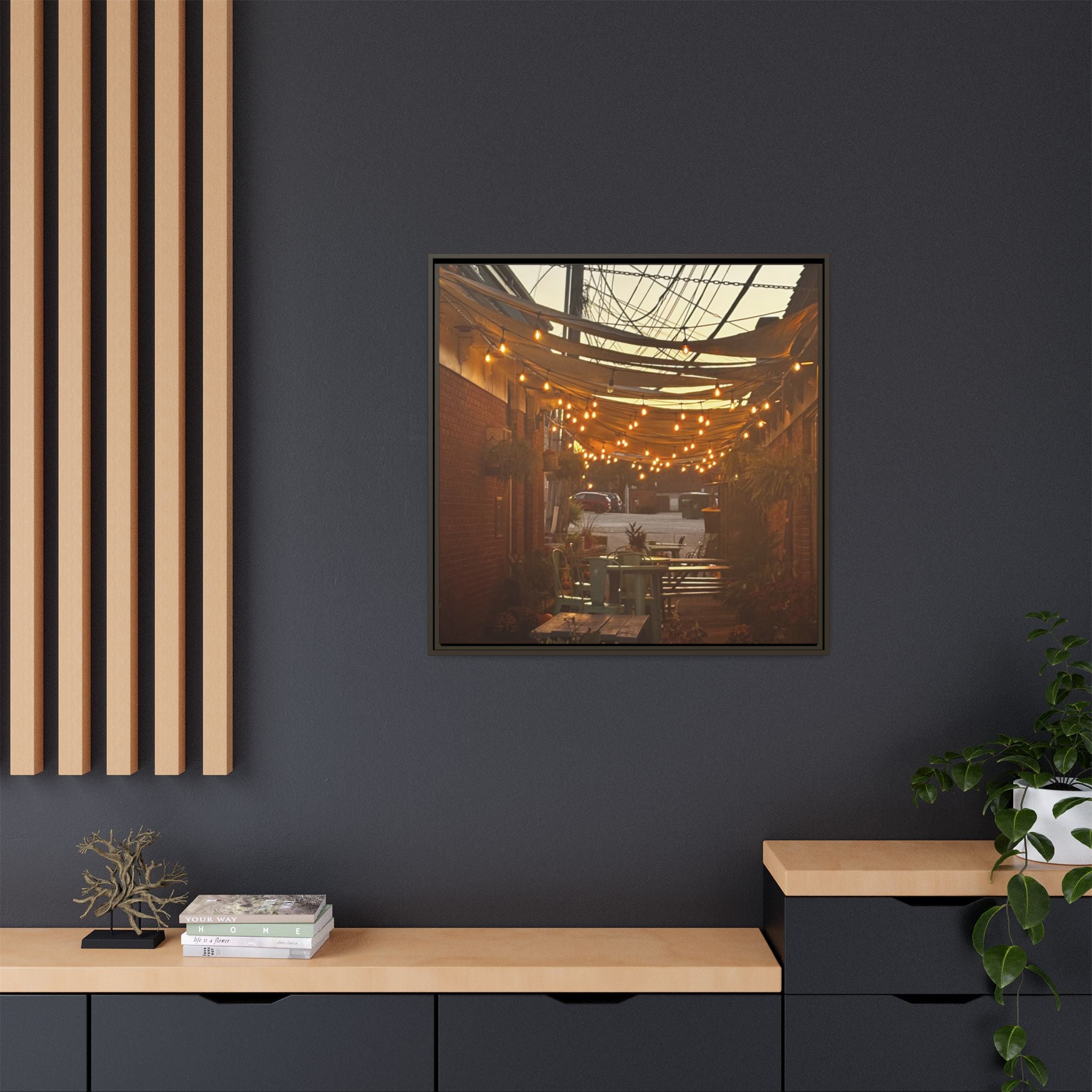 Cozy Alleyway String Lights — Framed Matte Canvas Print