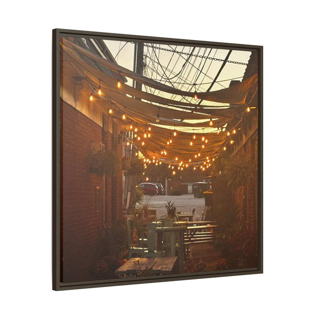 Cozy Alleyway String Lights — Framed Matte Canvas Print