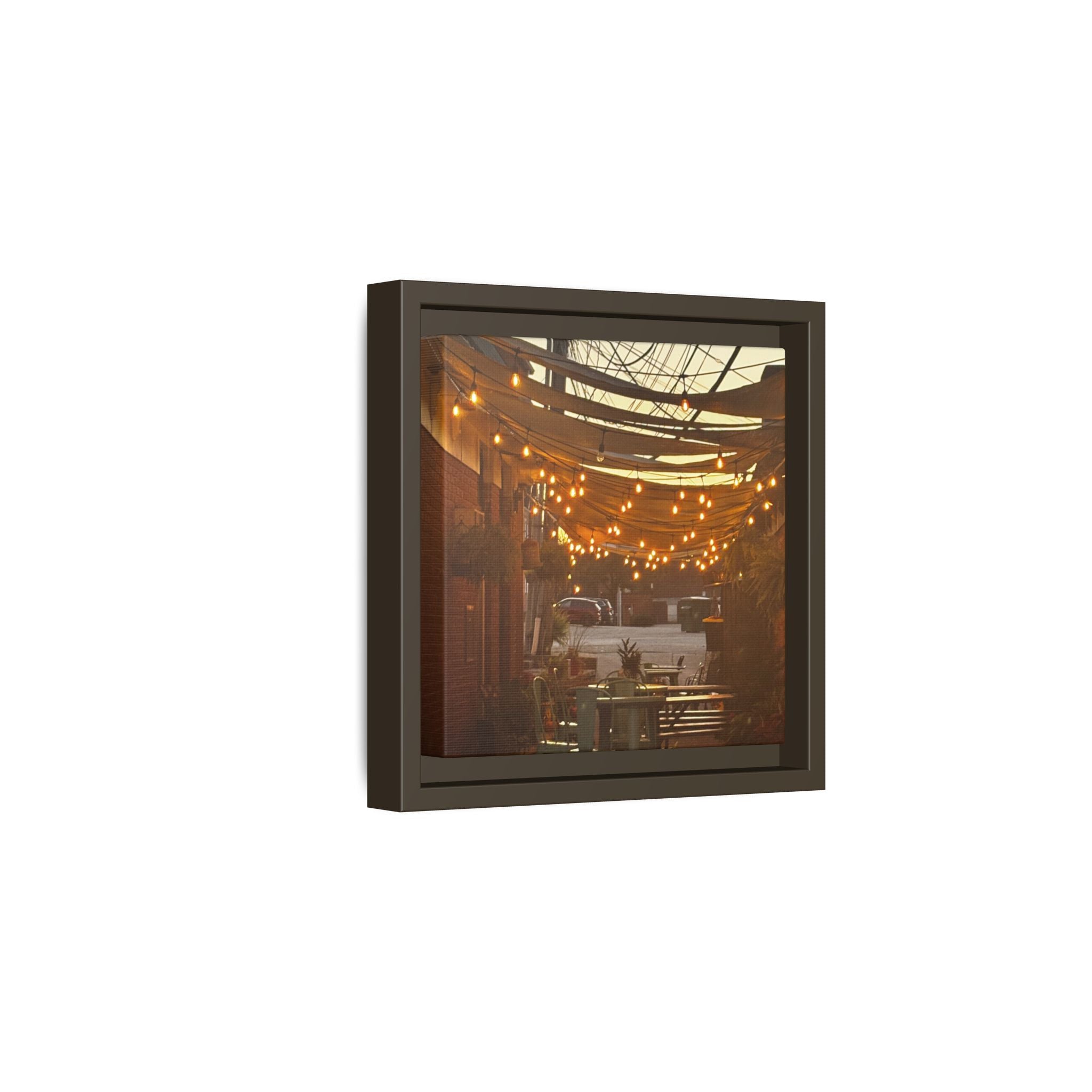 Cozy Alleyway String Lights — Framed Matte Canvas Print