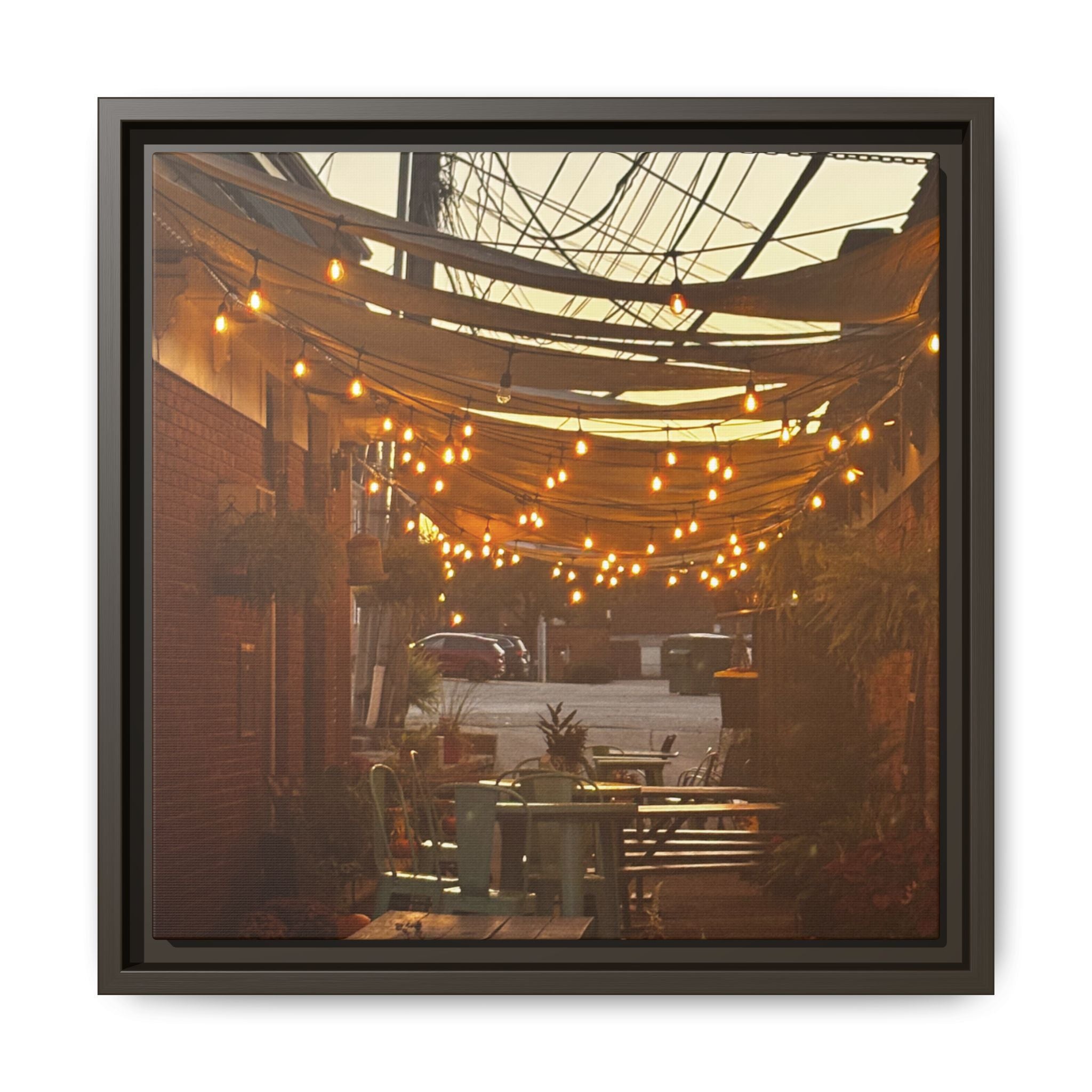 Cozy Alleyway String Lights — Framed Matte Canvas Print