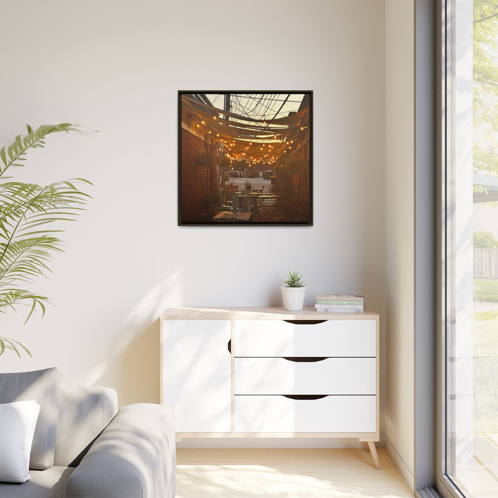 Cozy Alleyway String Lights — Framed Matte Canvas Print