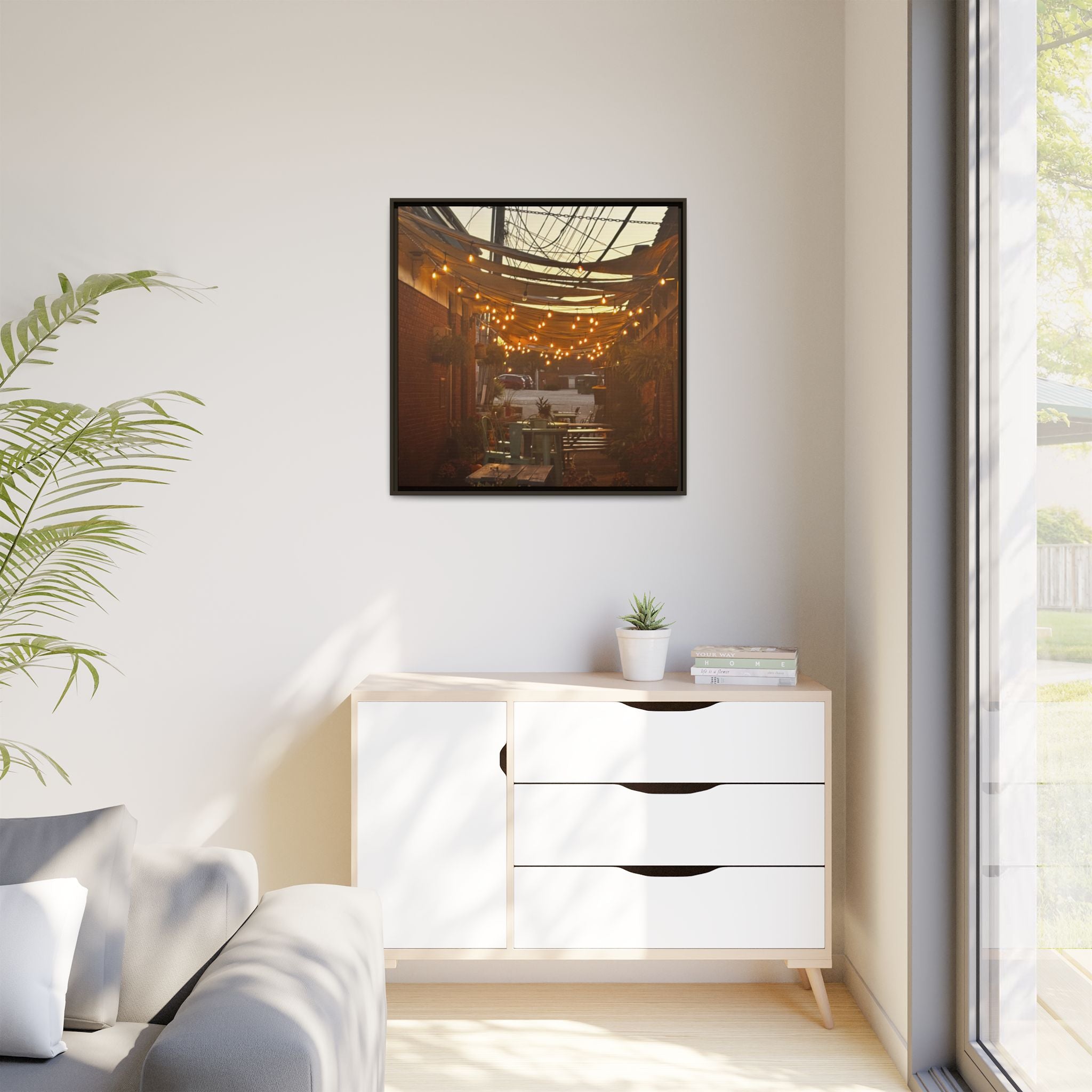 Cozy Alleyway String Lights — Framed Matte Canvas Print