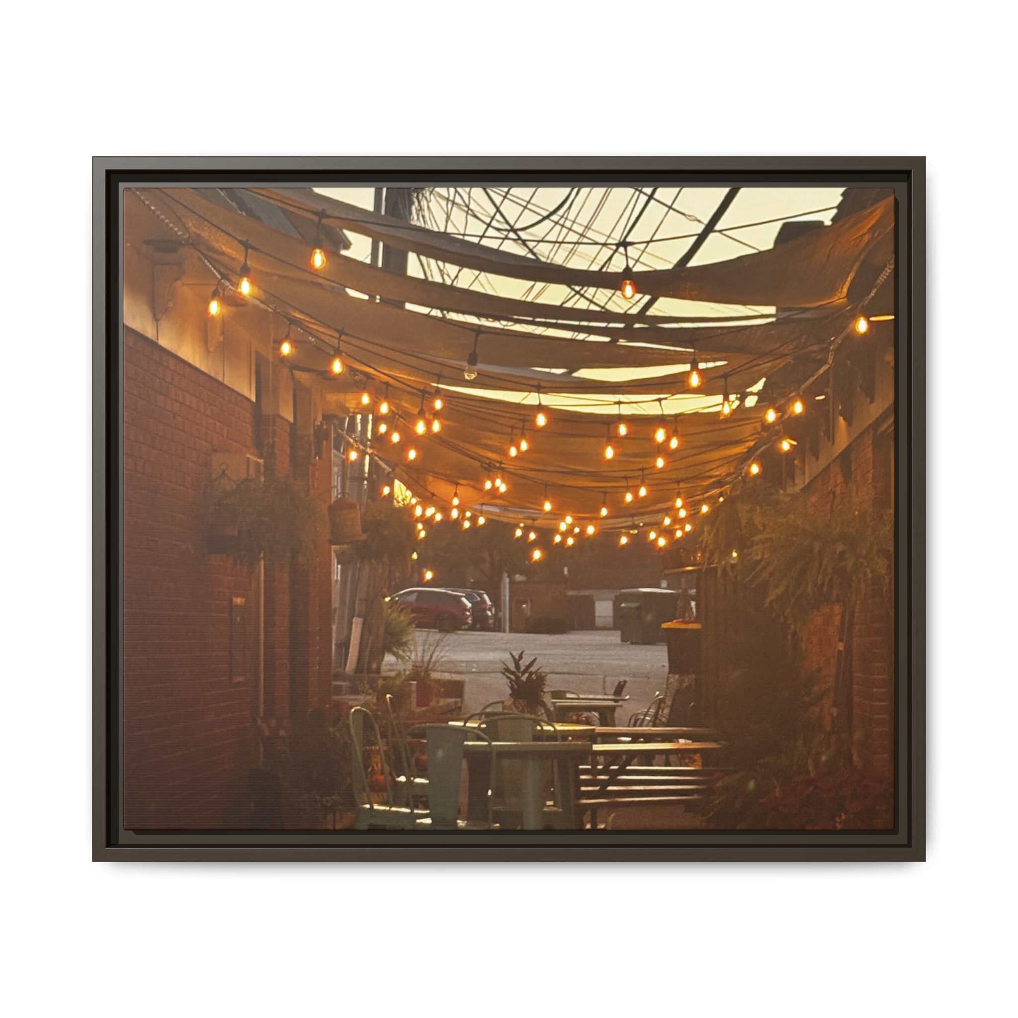 Cozy Alleyway String Lights — Framed Matte Canvas Print
