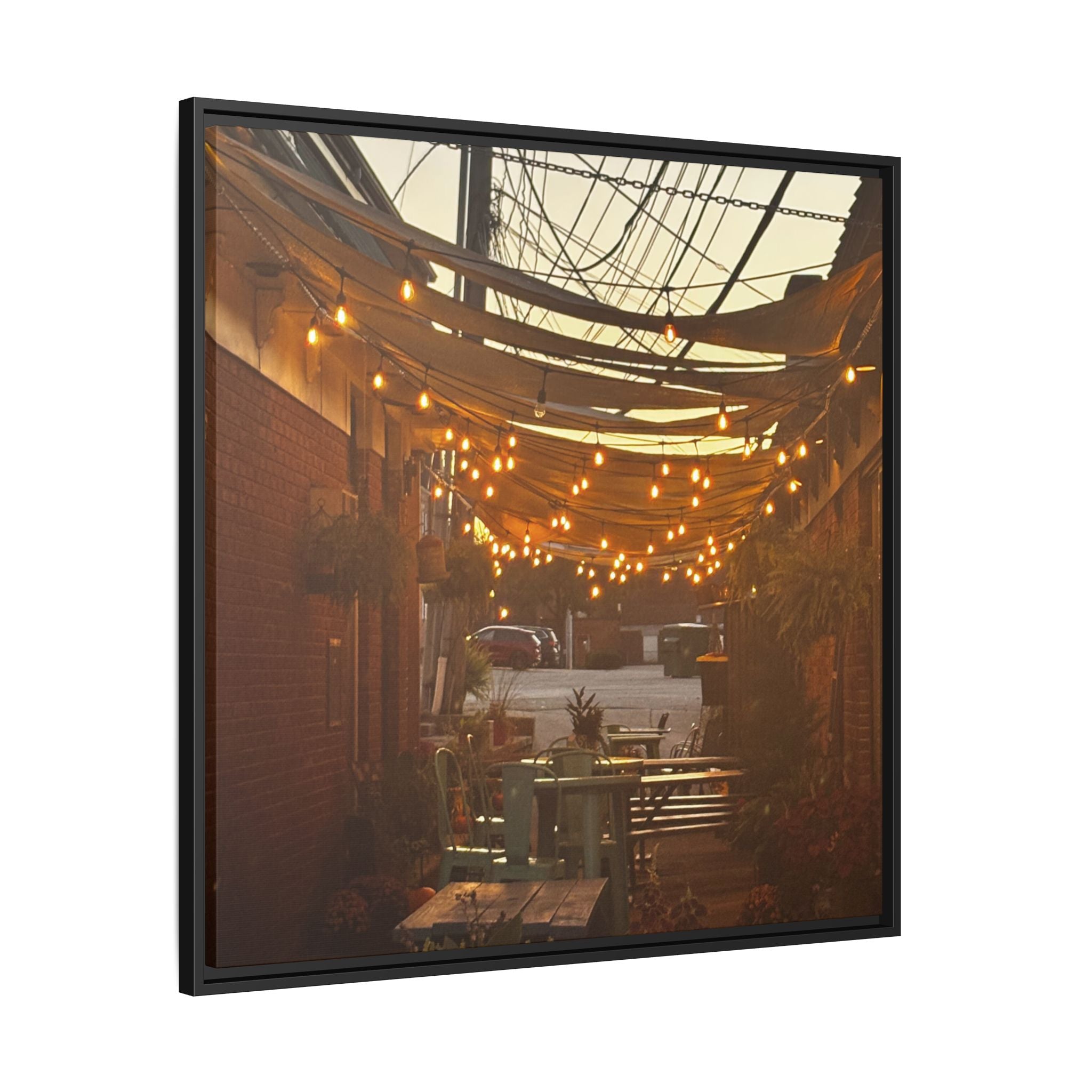 Cozy Alleyway String Lights — Framed Matte Canvas Print