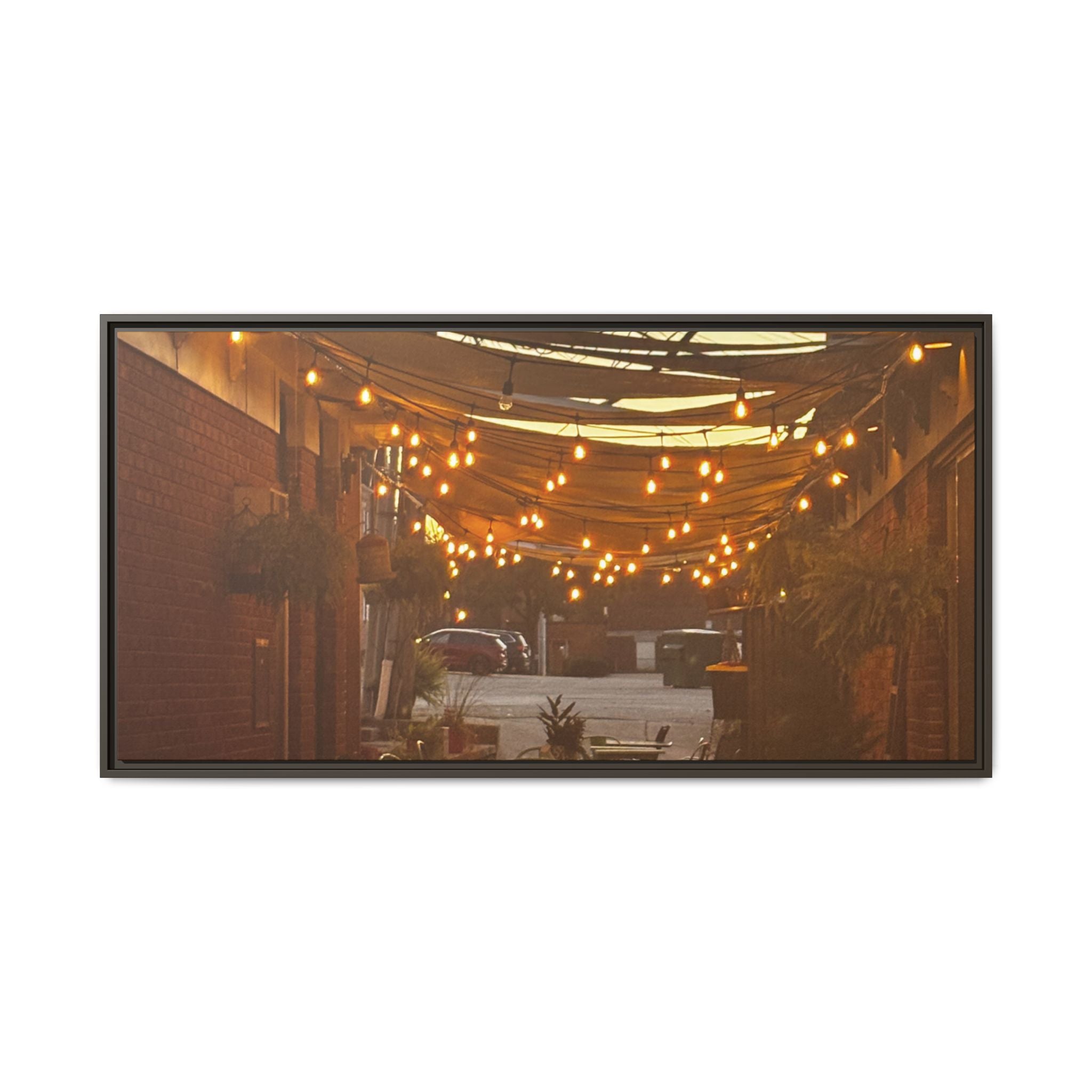 Cozy Alleyway String Lights — Framed Matte Canvas Print